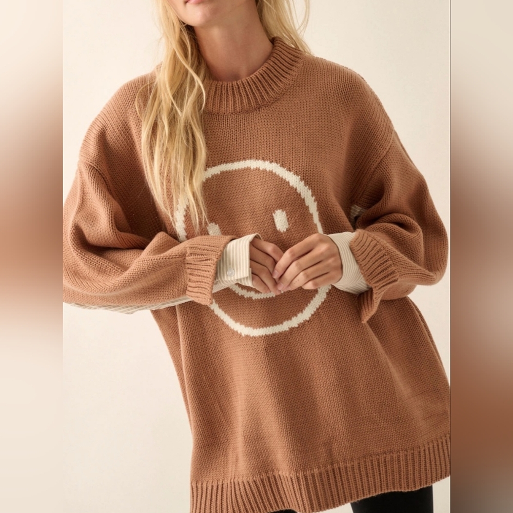 #6284 🩷 🛑M Chic Trendy Smiley Face Contrast Oversize Sweater - Picture 9 of 13